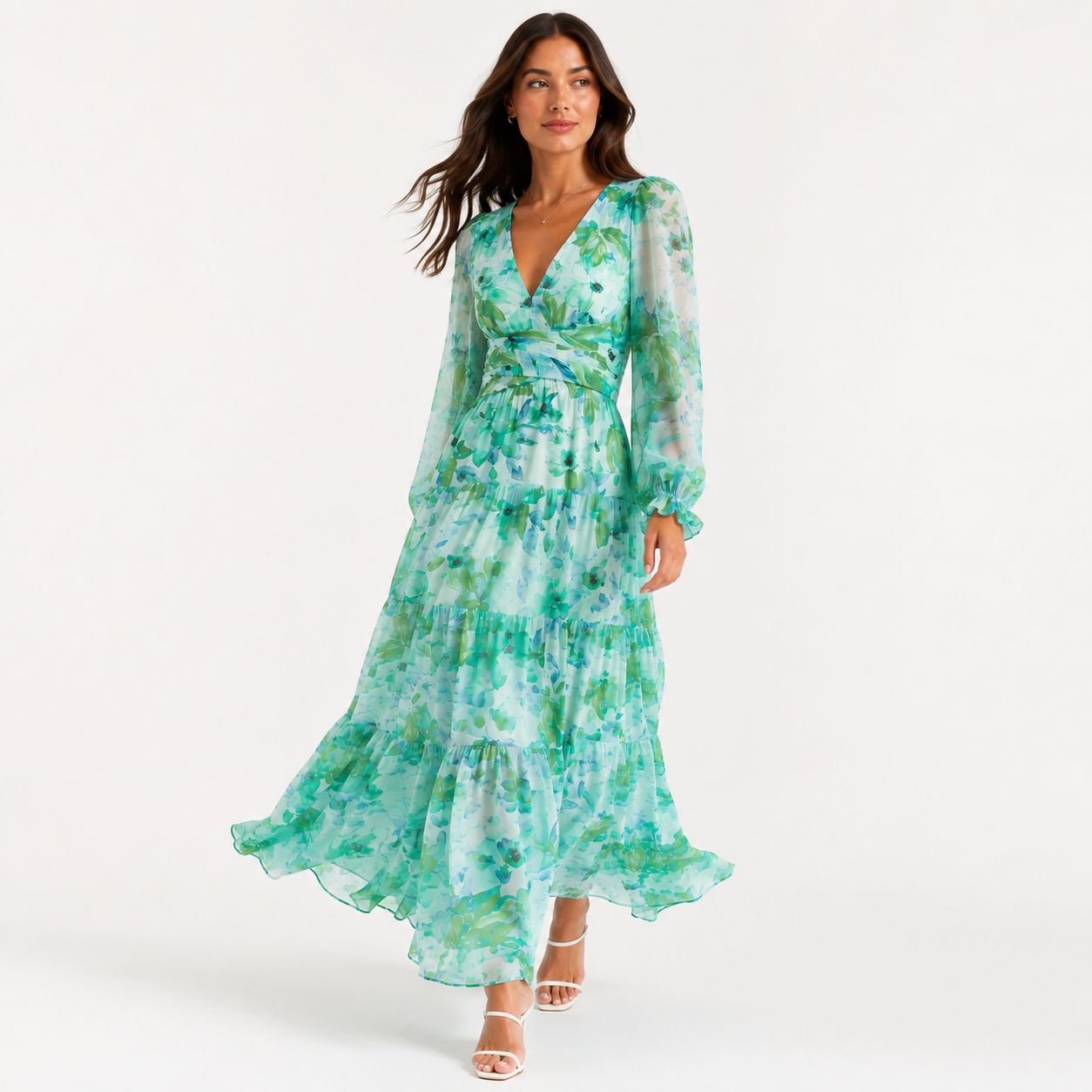Green Floral Chiffon Long Sleeve Wrap Tiered Maxi Dress