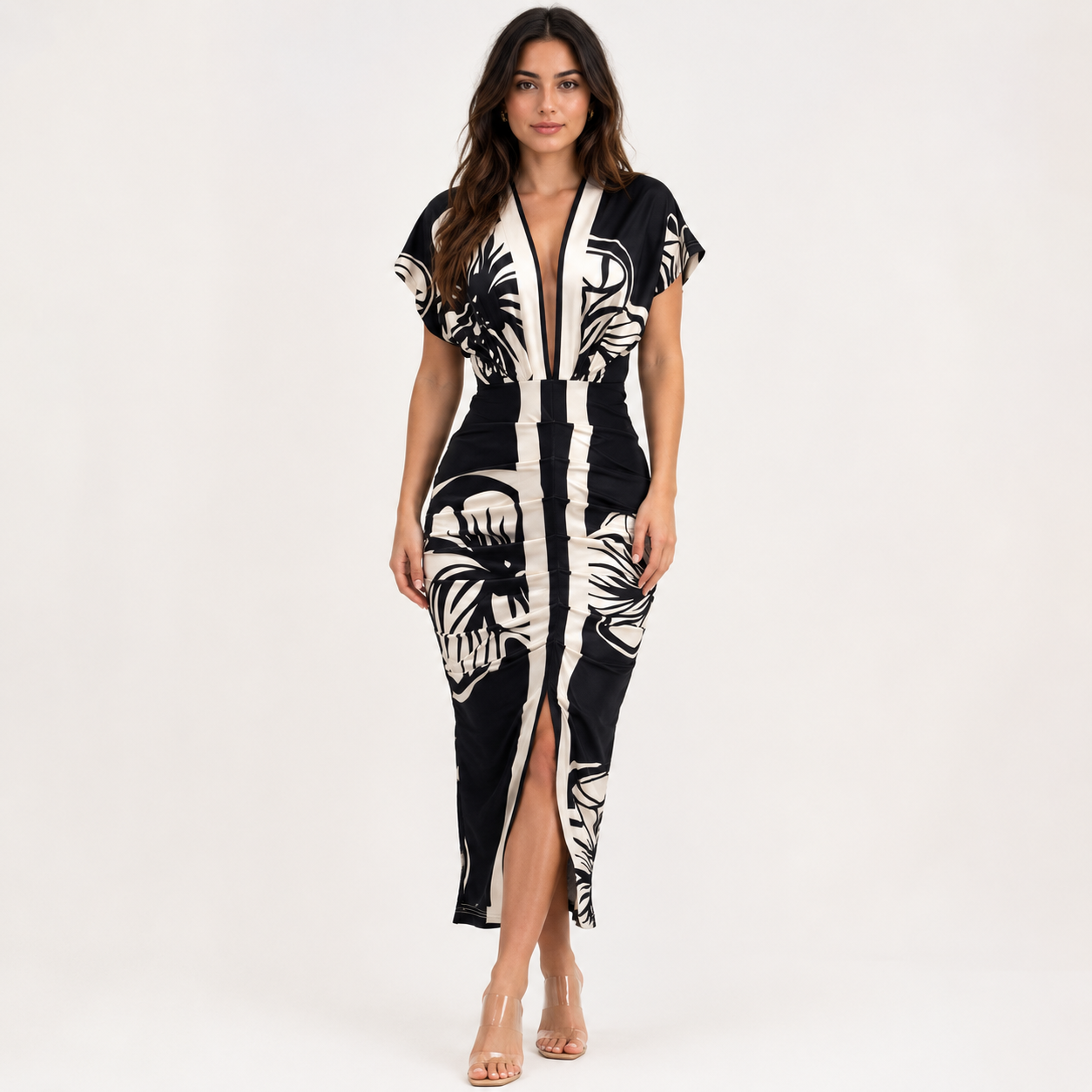 Floral Print Deep V-Neck Bodycon Midi Dress with Slit
