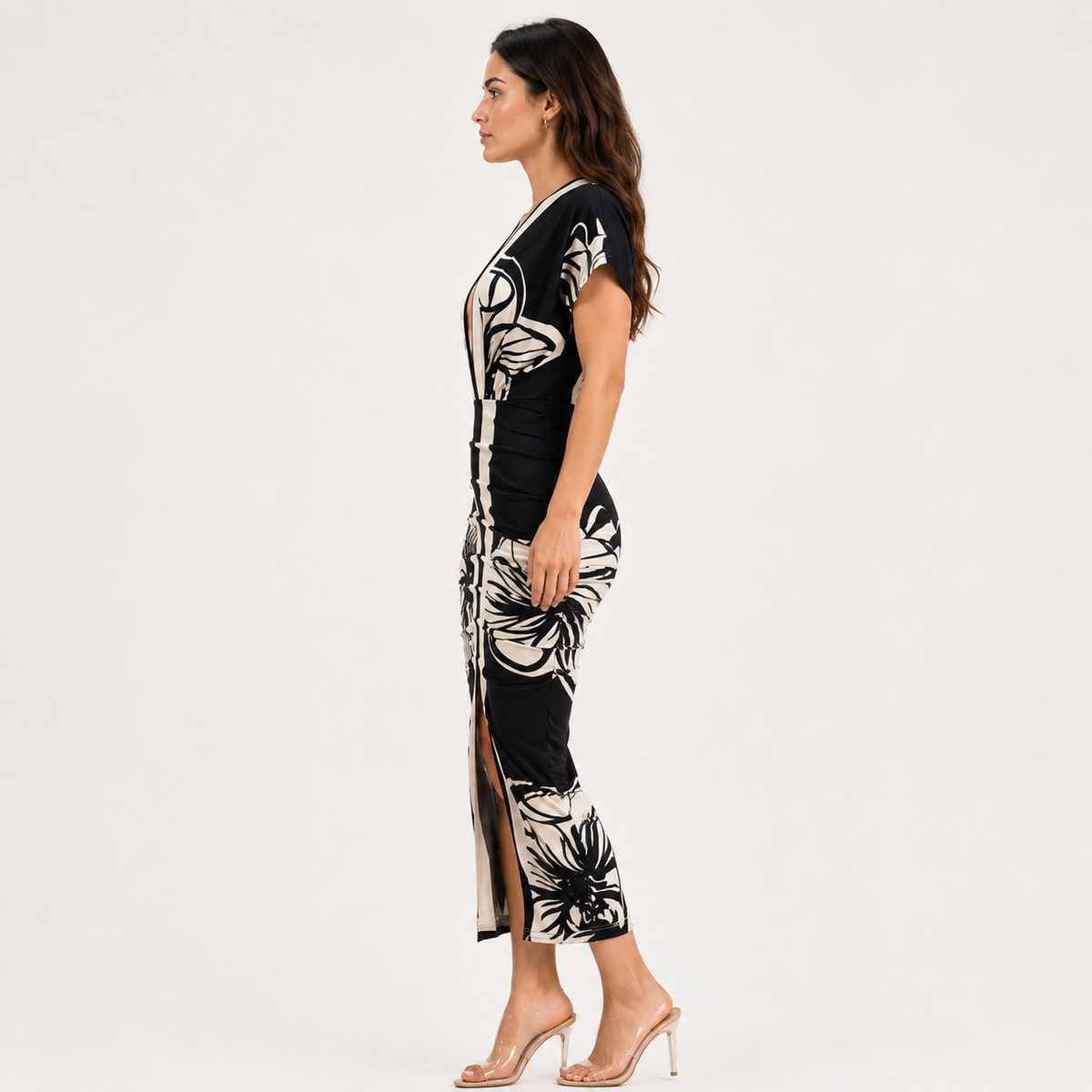 Floral Print Deep V-Neck Bodycon Midi Dress with Slit