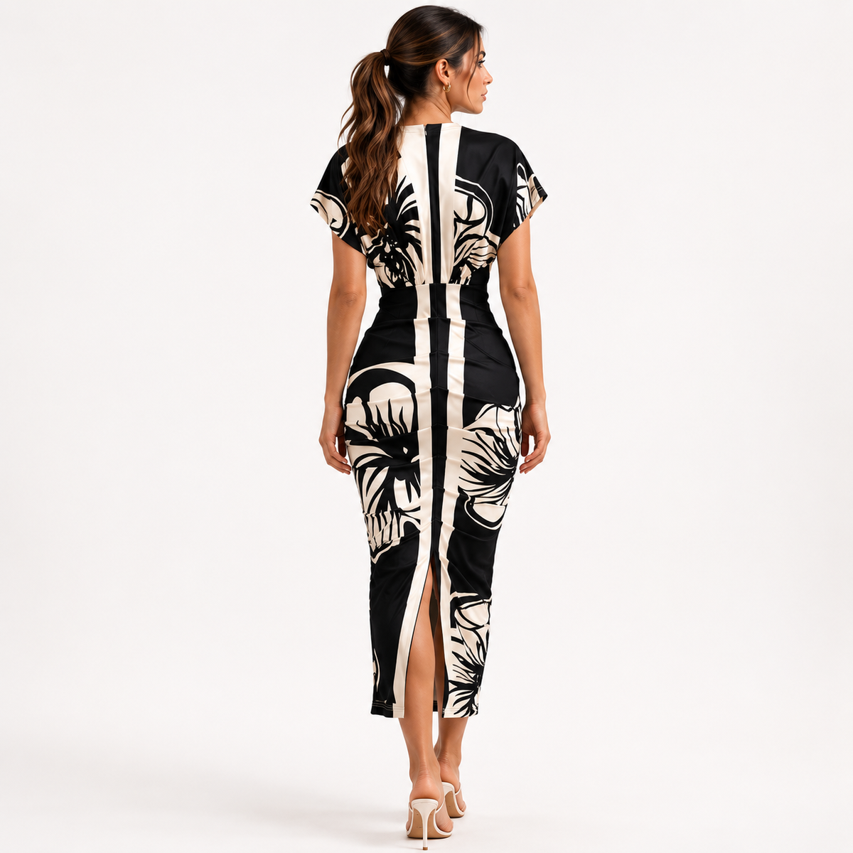 Floral Print Deep V-Neck Bodycon Midi Dress with Slit