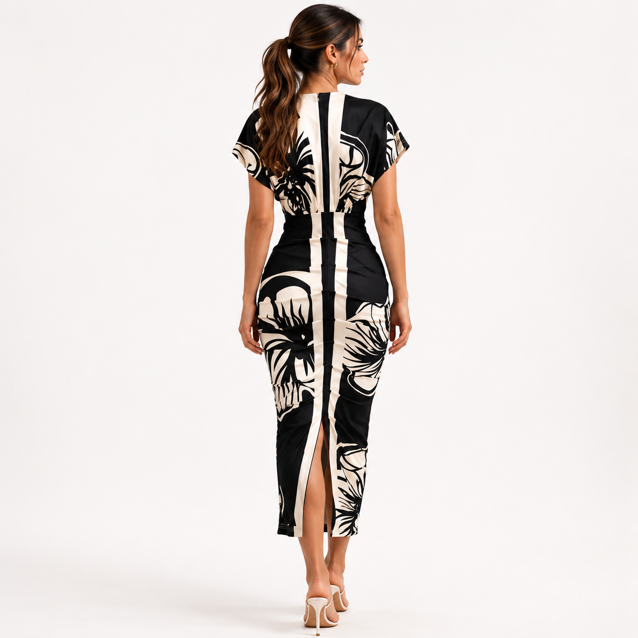 Floral Print Deep V-Neck Bodycon Midi Dress with Slit