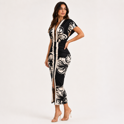 Floral Print Deep V-Neck Bodycon Midi Dress with Slit