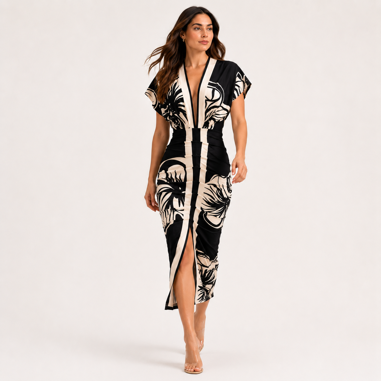 Floral Print Deep V-Neck Bodycon Midi Dress with Slit