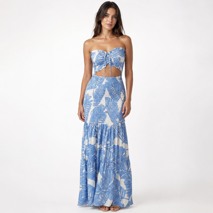 Tropical Print Strapless Cutout Maxi Dress