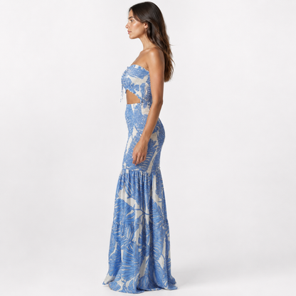 Tropical Print Strapless Cutout Maxi Dress