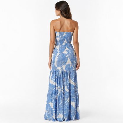 Tropical Print Strapless Cutout Maxi Dress