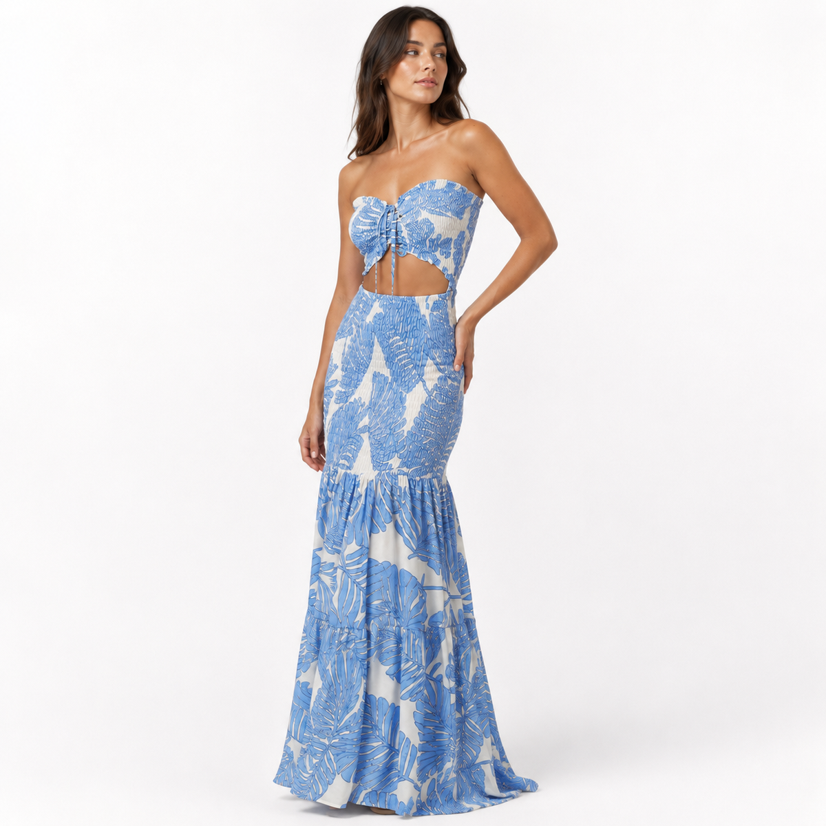 Tropical Print Strapless Cutout Maxi Dress