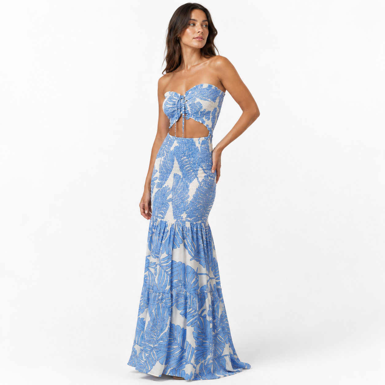 Tropical Print Strapless Cutout Maxi Dress
