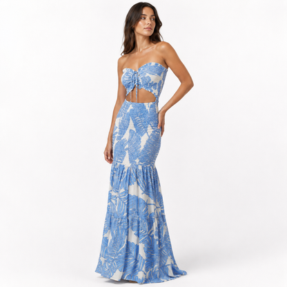 Tropical Print Strapless Cutout Maxi Dress