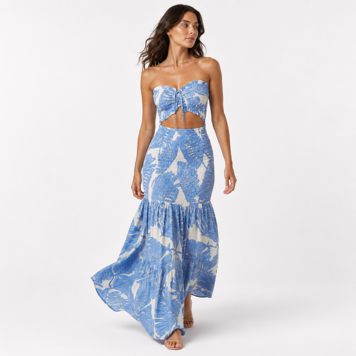 Tropical Print Strapless Cutout Maxi Dress