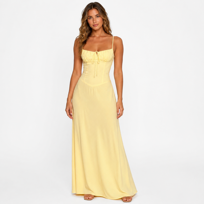 Butter Yellow Ruched Corset Maxi Dress
