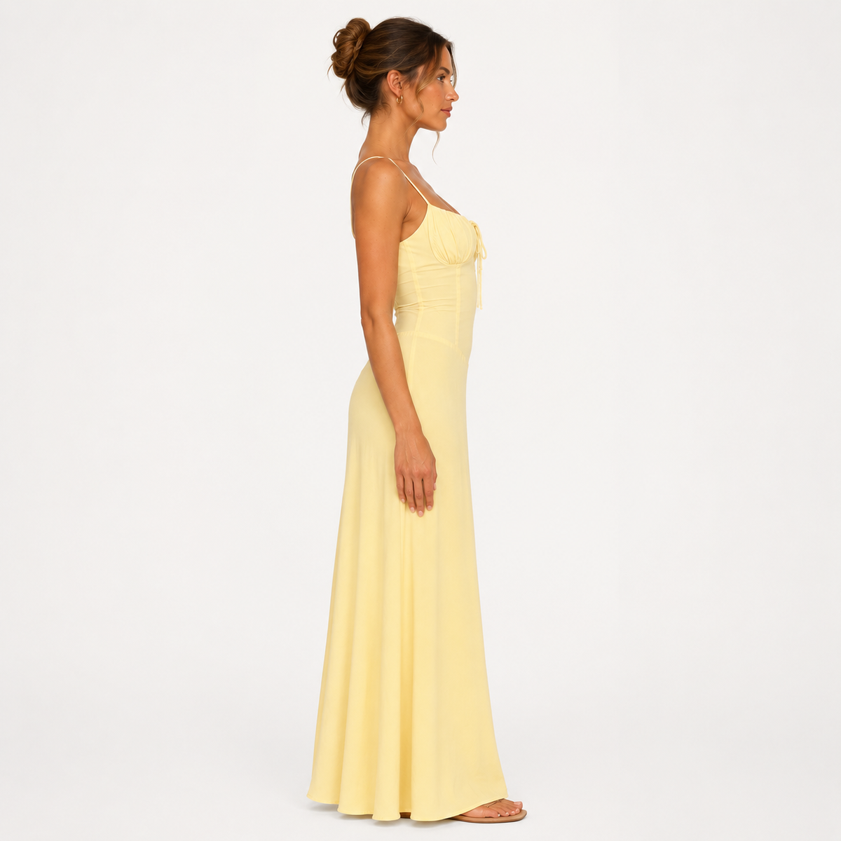 Butter Yellow Ruched Corset Maxi Dress