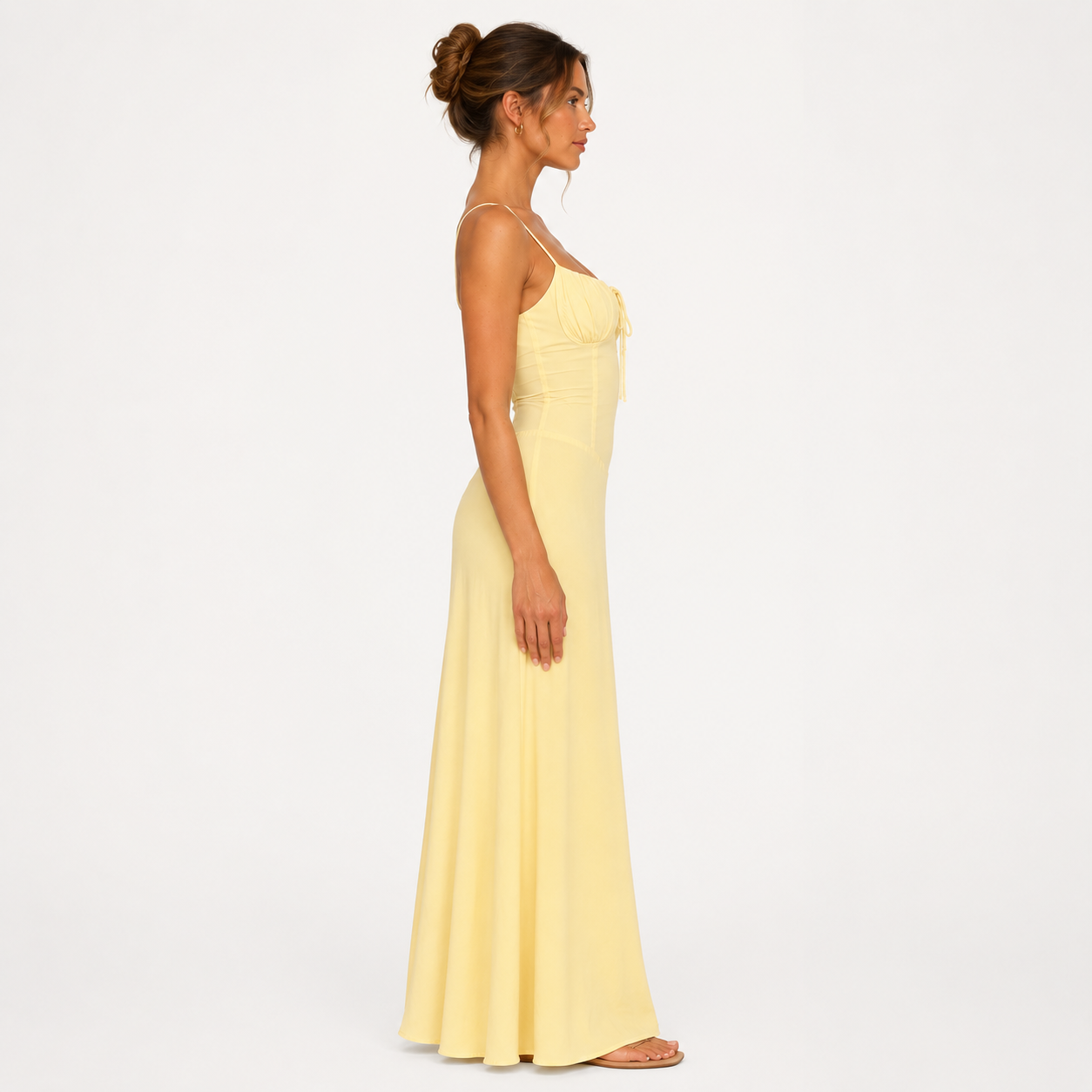 Butter Yellow Ruched Corset Maxi Dress