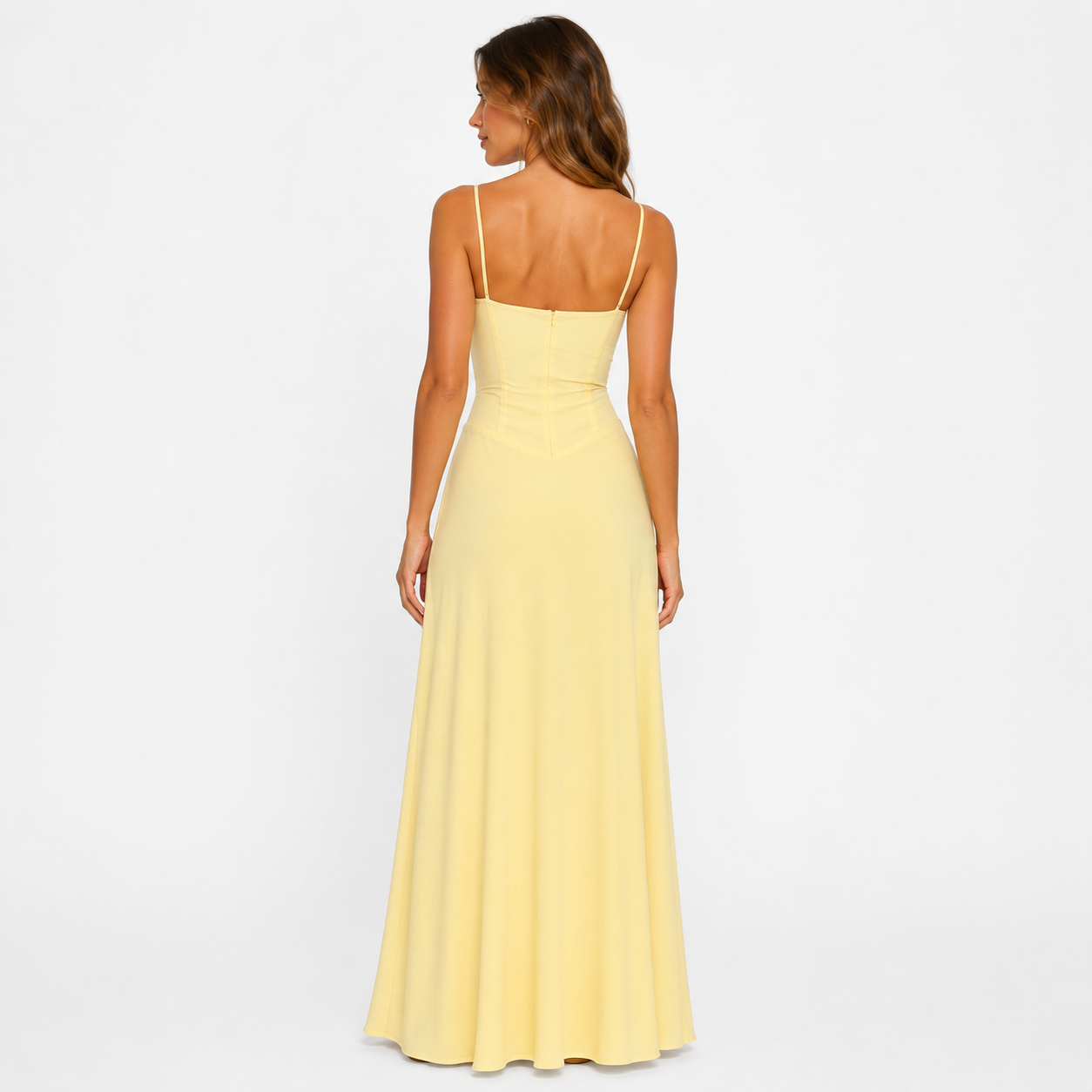 Butter Yellow Ruched Corset Maxi Dress