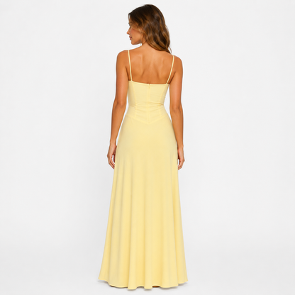 Butter Yellow Ruched Corset Maxi Dress