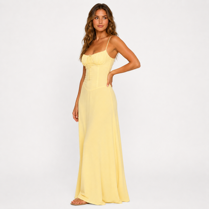 Butter Yellow Ruched Corset Maxi Dress