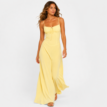 Butter Yellow Ruched Corset Maxi Dress