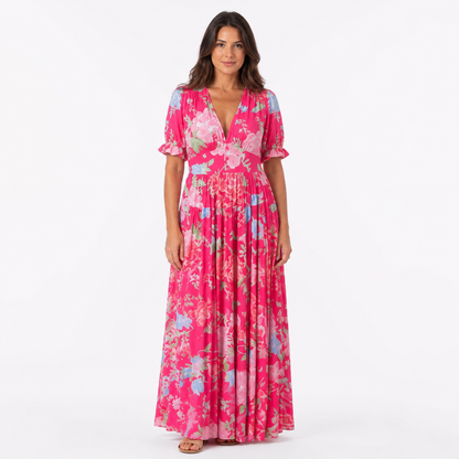 Hot Pink Floral V-Neck Puff Sleeve Maxi Dress