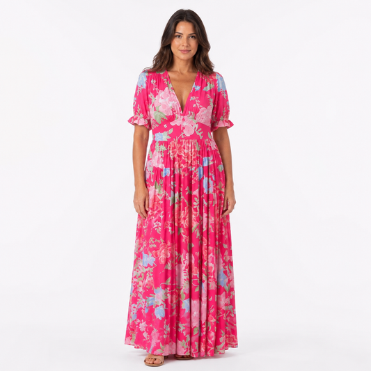 Hot Pink Floral V-Neck Puff Sleeve Maxi Dress