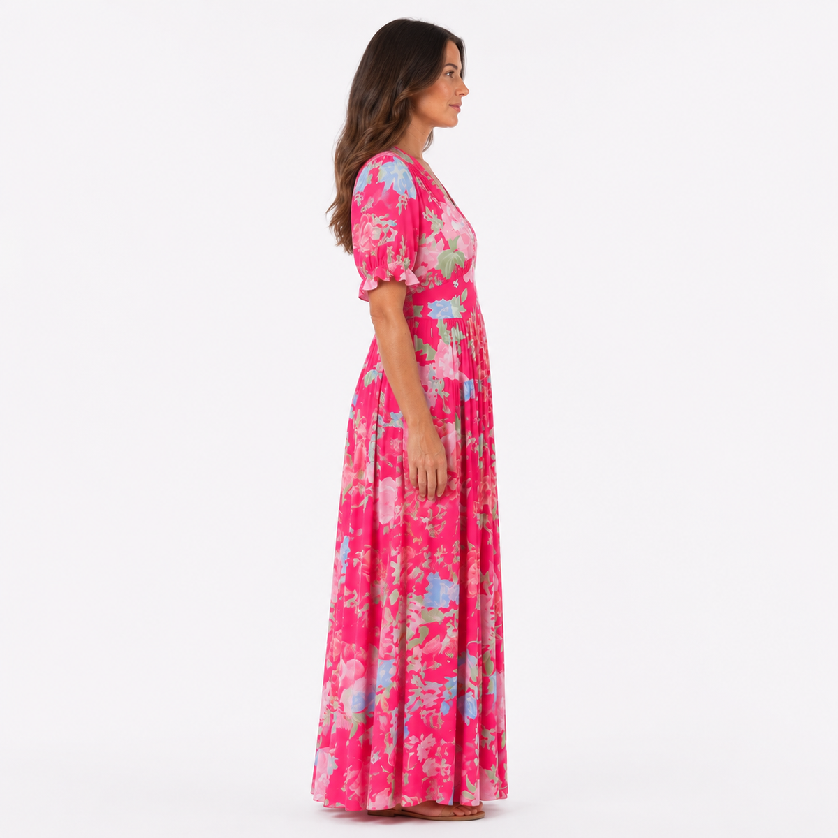 Hot Pink Floral V-Neck Puff Sleeve Maxi Dress