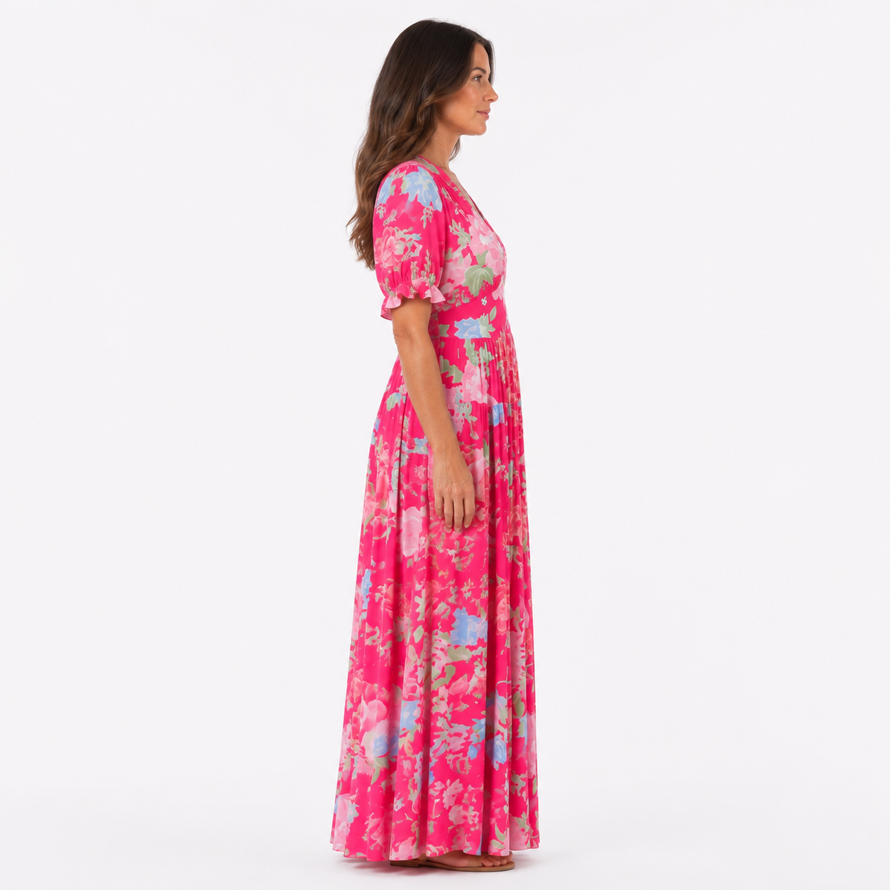 Hot Pink Floral V-Neck Puff Sleeve Maxi Dress