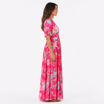 Hot Pink Floral V-Neck Puff Sleeve Maxi Dress