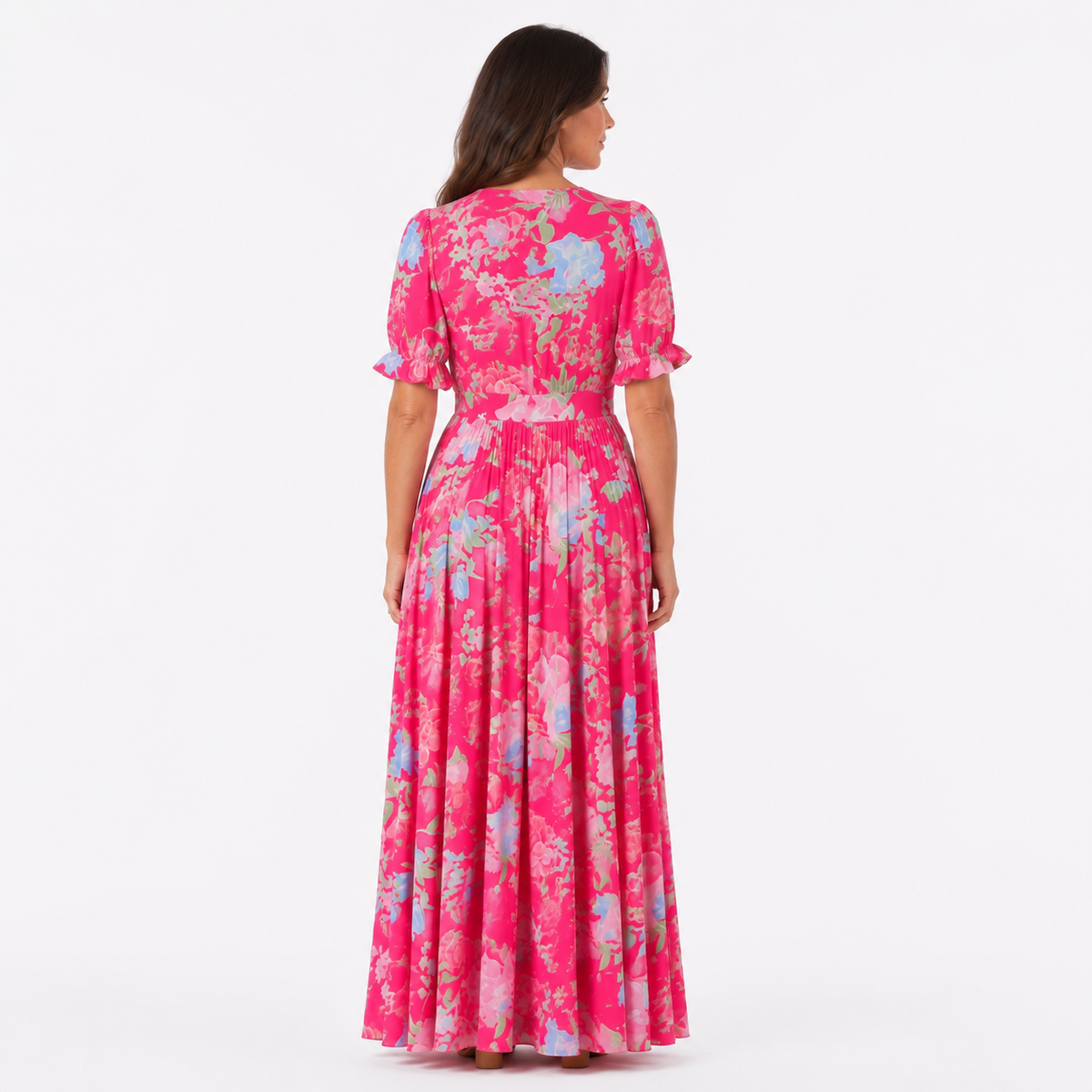 Hot Pink Floral V-Neck Puff Sleeve Maxi Dress