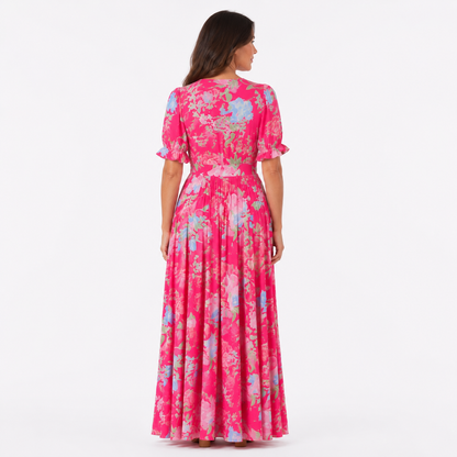 Hot Pink Floral V-Neck Puff Sleeve Maxi Dress