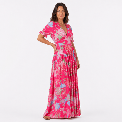 Hot Pink Floral V-Neck Puff Sleeve Maxi Dress