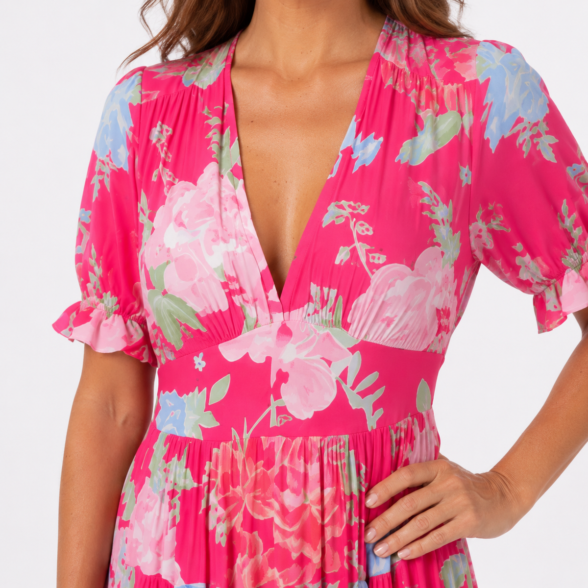 Hot Pink Floral V-Neck Puff Sleeve Maxi Dress
