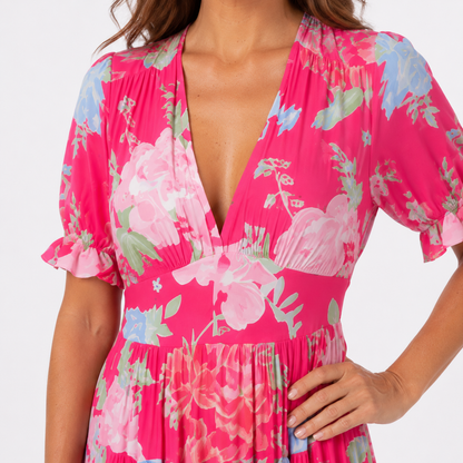 Hot Pink Floral V-Neck Puff Sleeve Maxi Dress