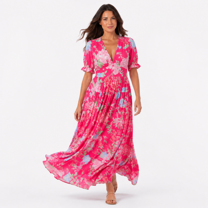 Hot Pink Floral V-Neck Puff Sleeve Maxi Dress