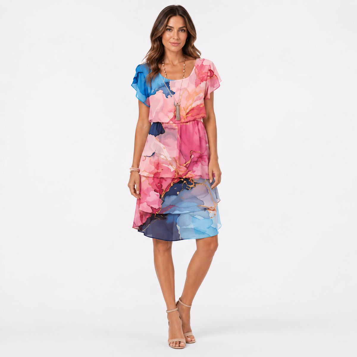Pink Watercolour Print Chiffon Ruffle Mini Dress