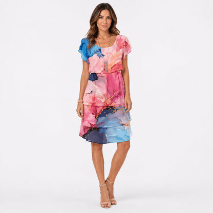 Pink Watercolour Print Chiffon Ruffle Mini Dress