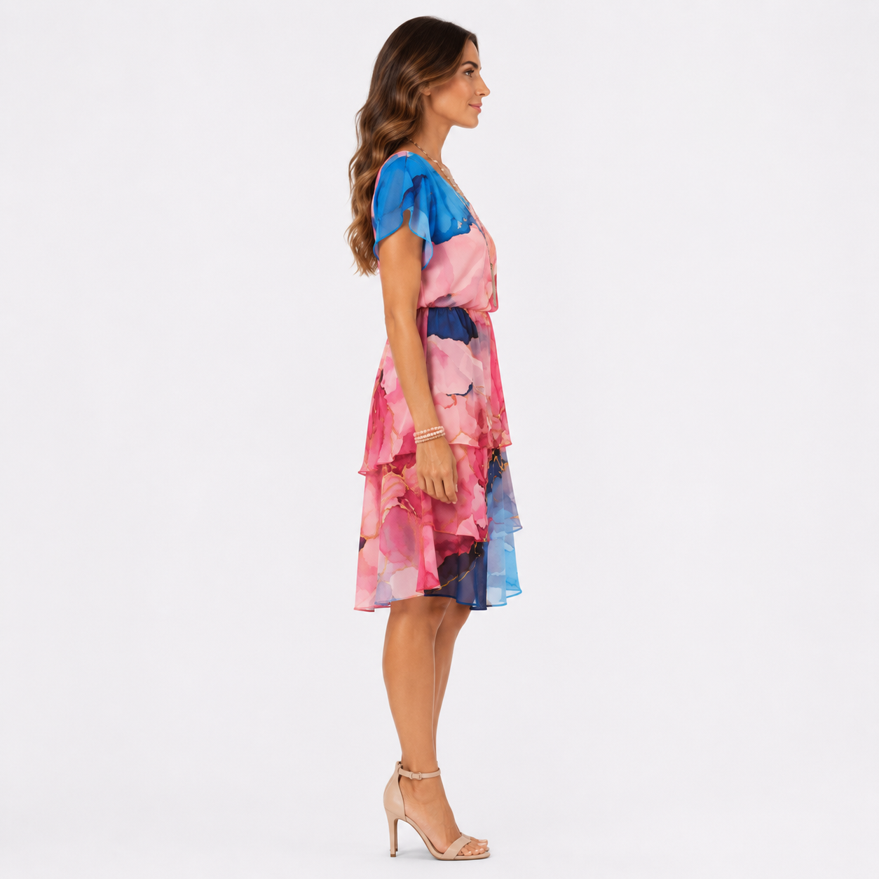 Pink Watercolour Print Chiffon Ruffle Mini Dress