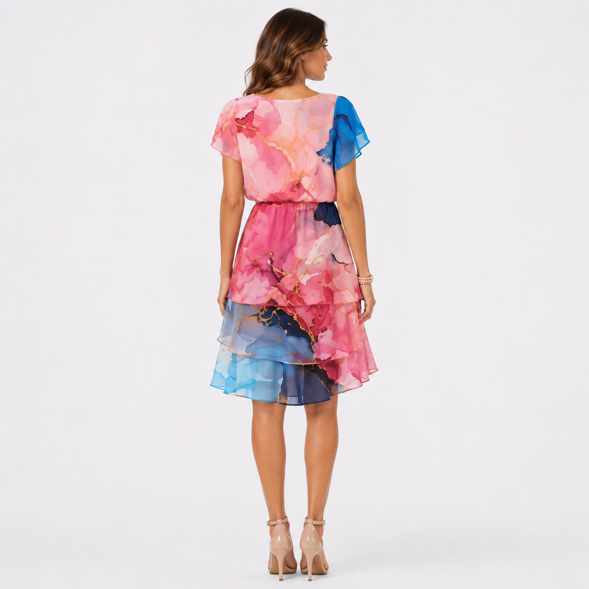 Pink Watercolour Print Chiffon Ruffle Mini Dress