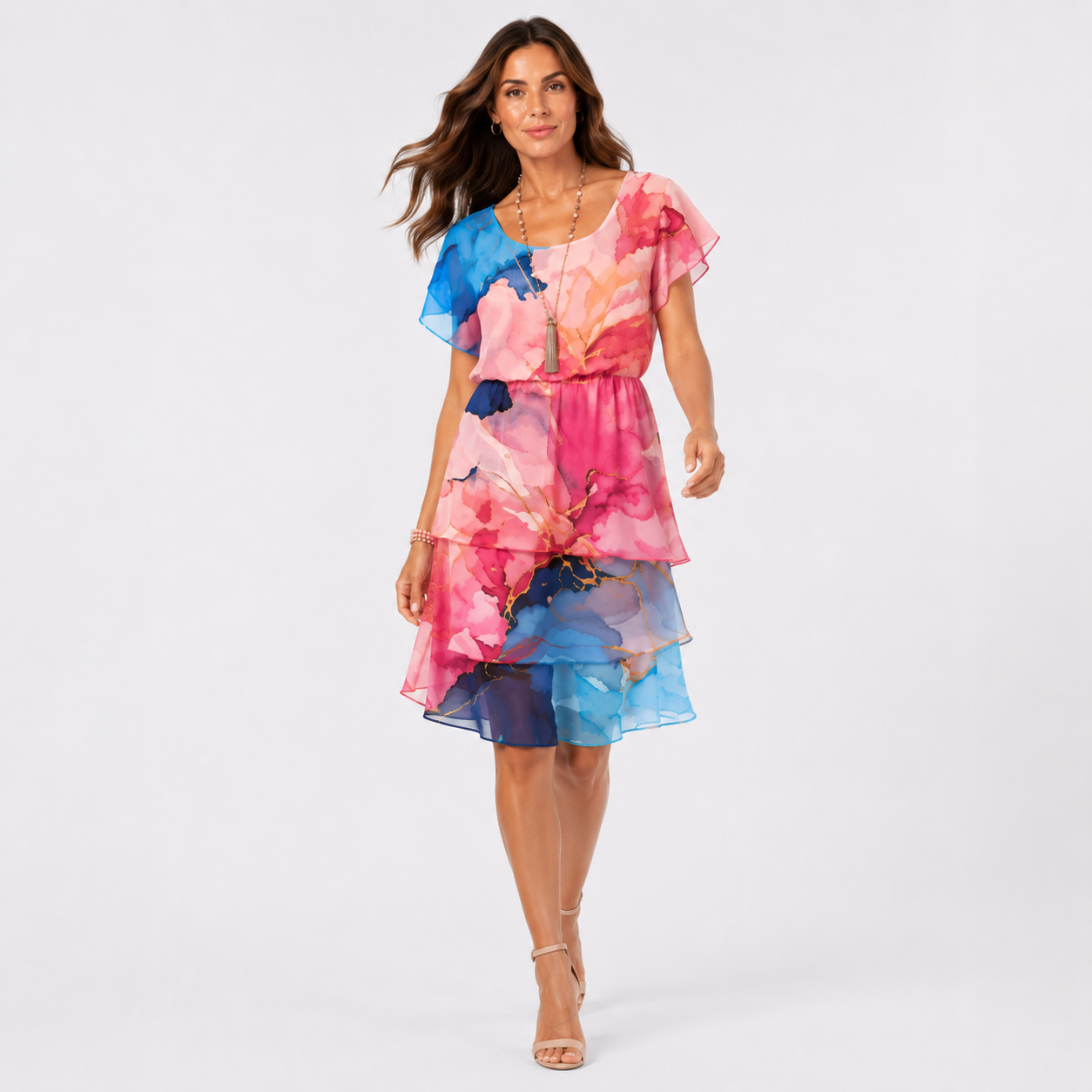 Pink Watercolour Print Chiffon Ruffle Mini Dress