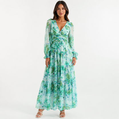 Green Floral Chiffon Long Sleeve Wrap Tiered Maxi Dress