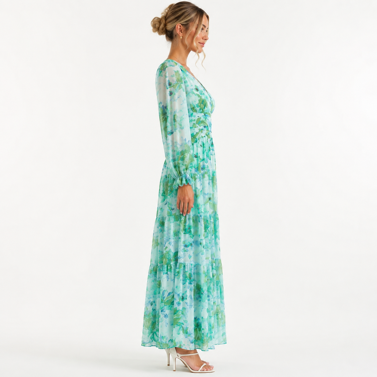 Green Floral Chiffon Long Sleeve Wrap Tiered Maxi Dress
