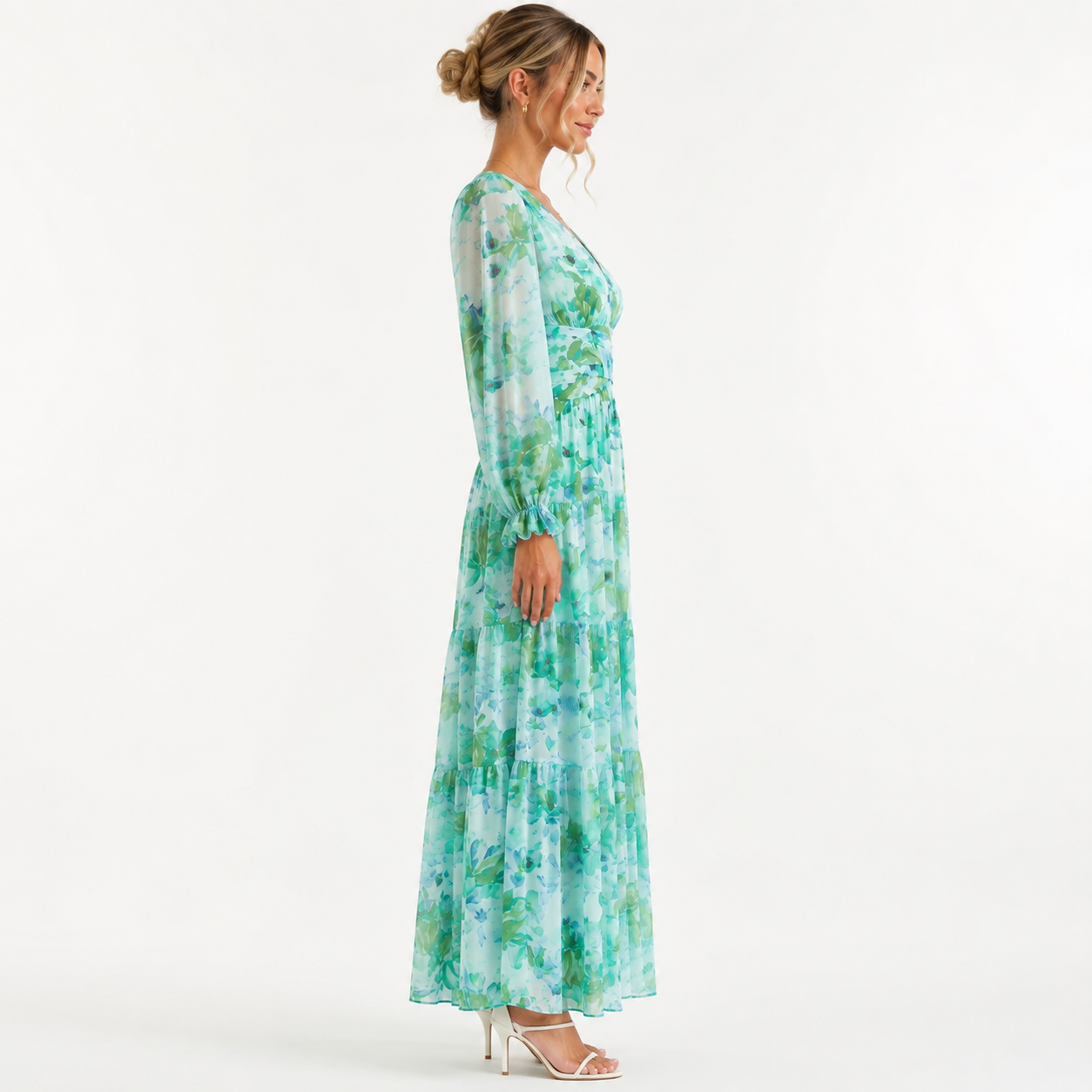 Green Floral Chiffon Long Sleeve Wrap Tiered Maxi Dress