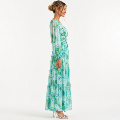 Green Floral Chiffon Long Sleeve Wrap Tiered Maxi Dress
