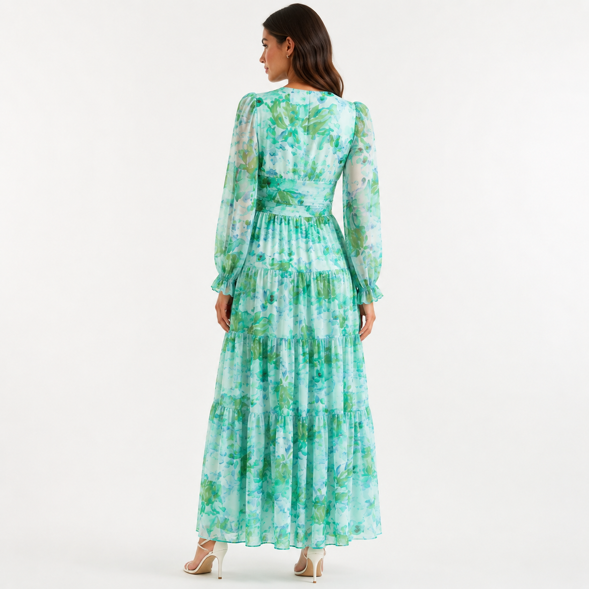 Green Floral Chiffon Long Sleeve Wrap Tiered Maxi Dress