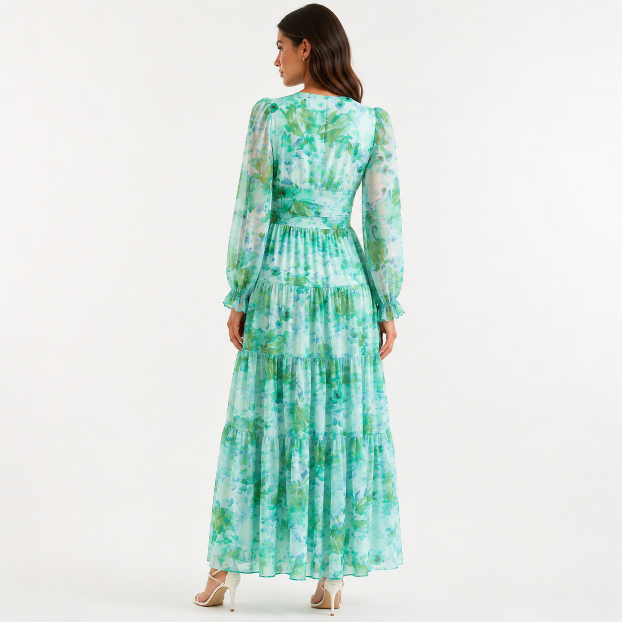 Green Floral Chiffon Long Sleeve Wrap Tiered Maxi Dress