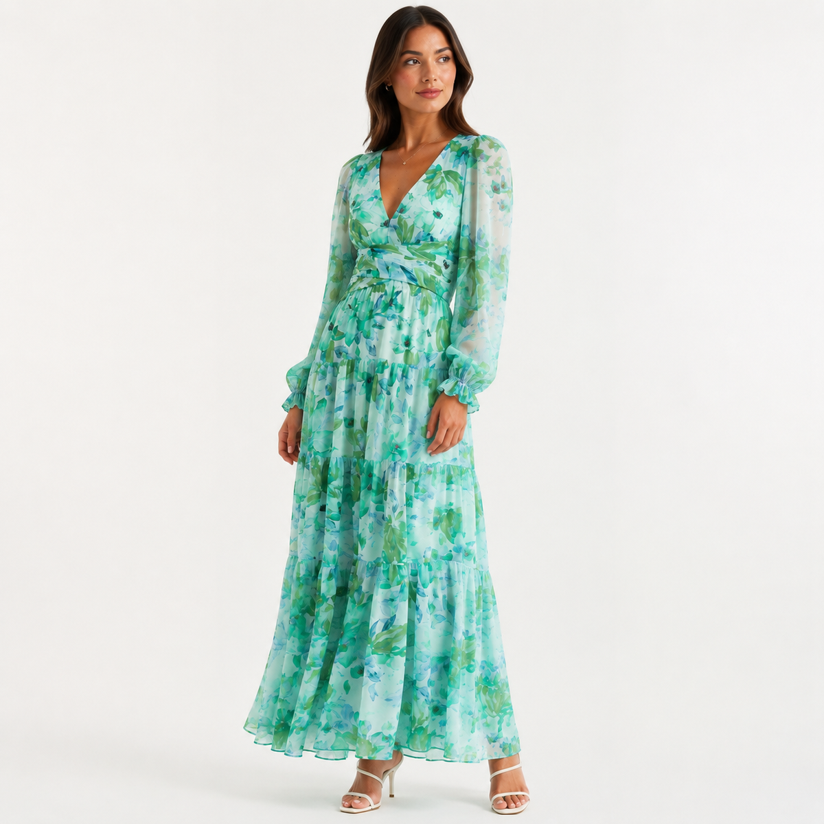 Green Floral Chiffon Long Sleeve Wrap Tiered Maxi Dress