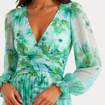 Green Floral Chiffon Long Sleeve Wrap Tiered Maxi Dress