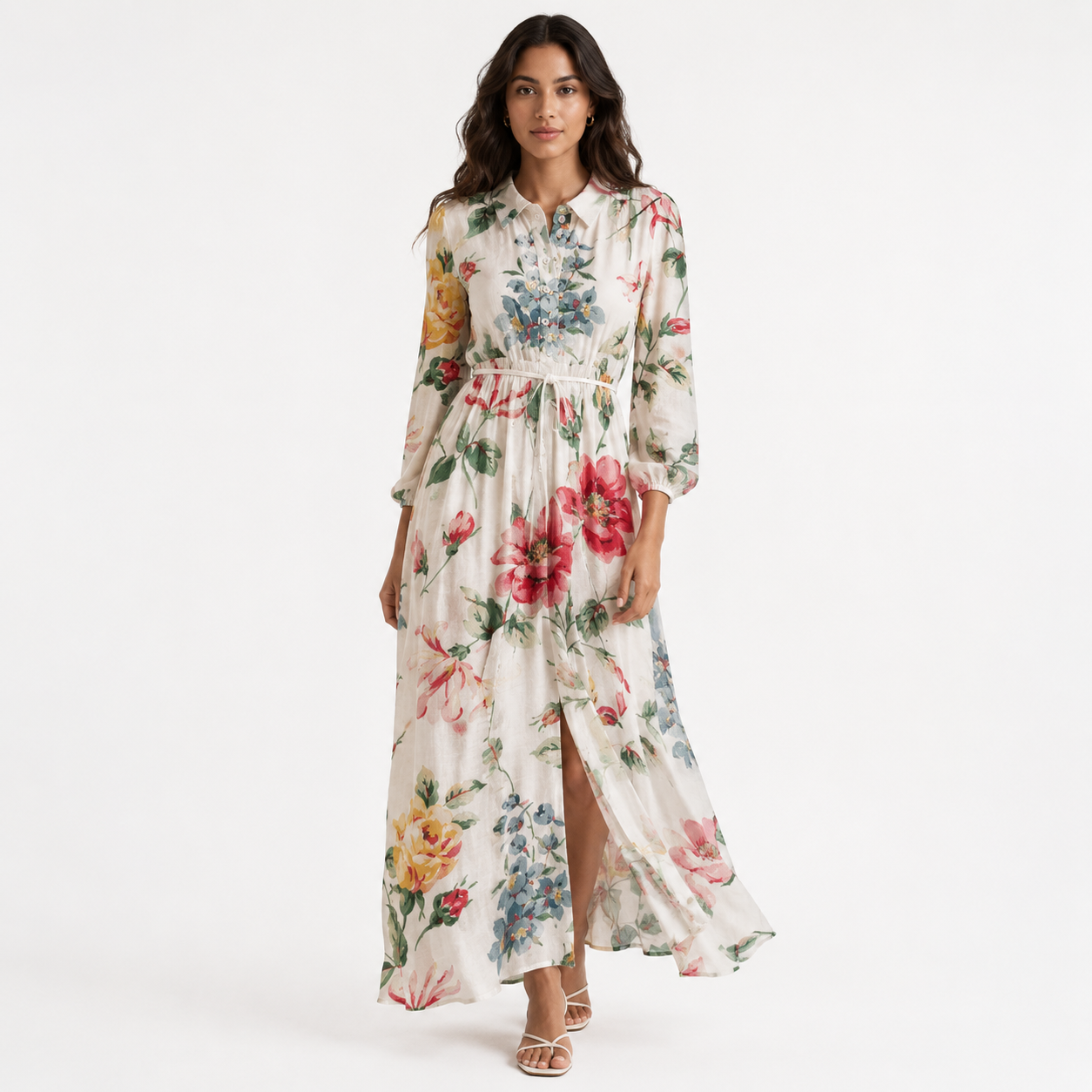 Ivory Floral Print Collar Neck Long Sleeve Belted Maxi Dress