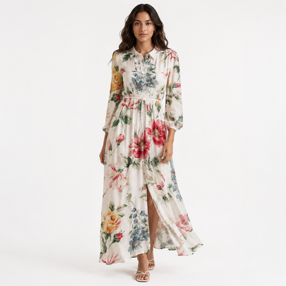 Ivory Floral Print Collar Neck Long Sleeve Belted Maxi Dress