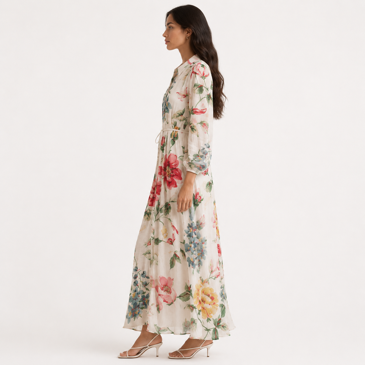 Ivory Floral Print Collar Neck Long Sleeve Belted Maxi Dress
