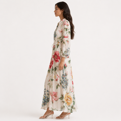 Ivory Floral Print Collar Neck Long Sleeve Belted Maxi Dress