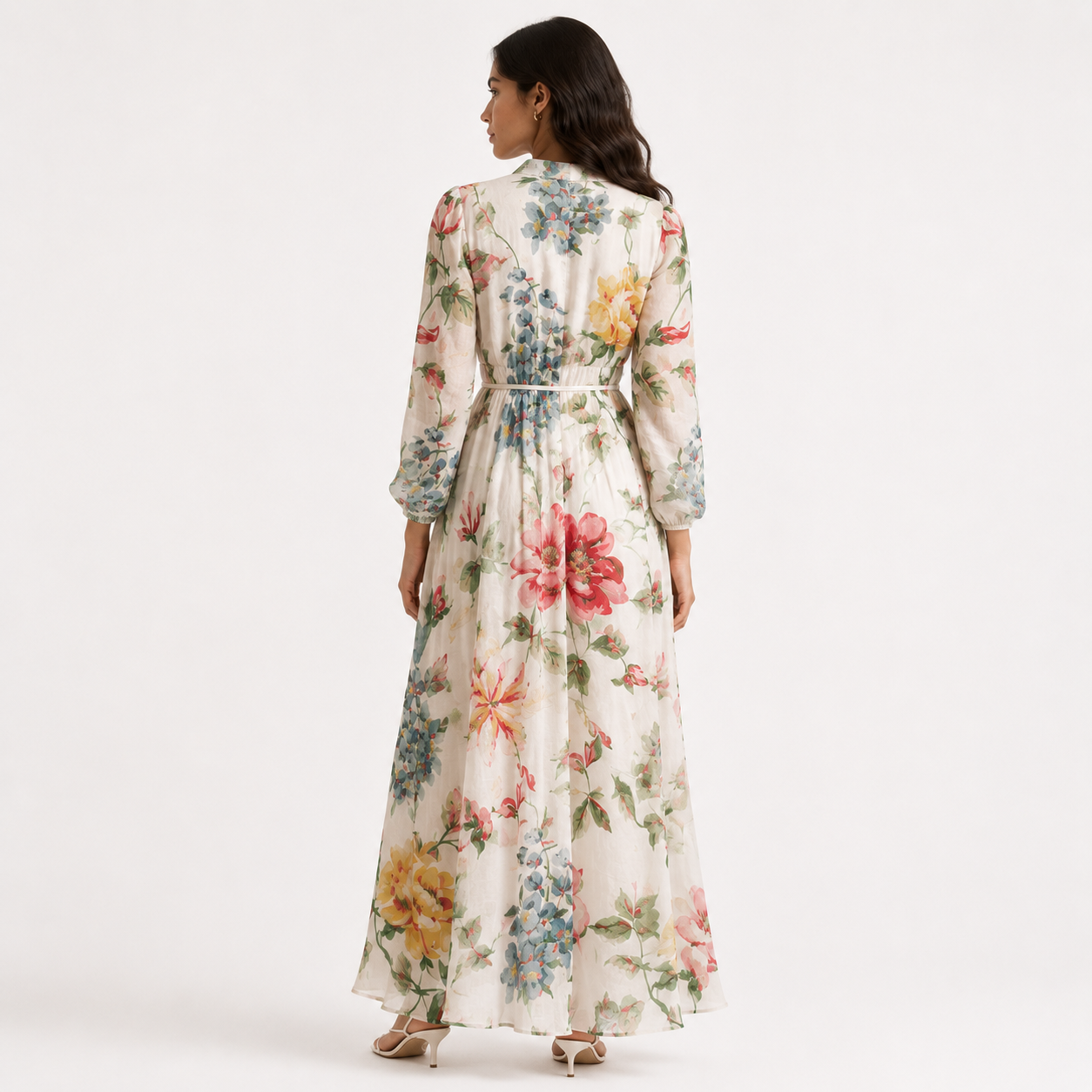 Ivory Floral Print Collar Neck Long Sleeve Belted Maxi Dress